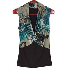 Women's Sleeveless Top XS Brown & Teal Cinched V-Neck Babydoll Blouse Work Shirt